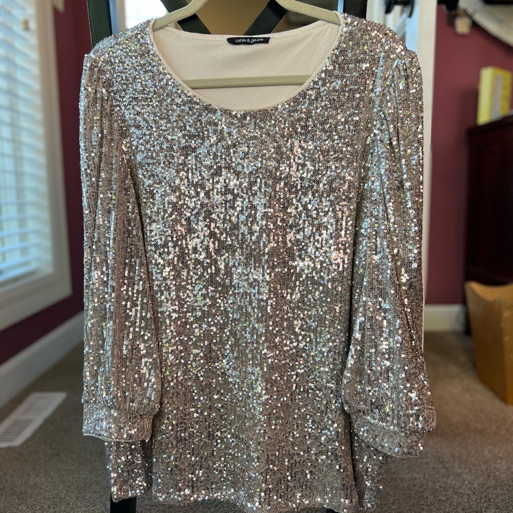 Cable & Gauge Shimmering Silver Sequin Blouse, 2X